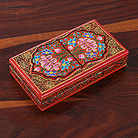 Papier mache decorative box, 'Kashmir Heritage' - Red Hand-Painted Papier Mache Wood Floral Decorative Box