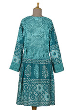 Embroidered cotton dress, 'Spring Step in Turquoise' - Cotton Shift Dress with Geometric Pattern in a Peacock Hue