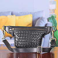 Leather fanny pack, 'Trendy Versatility' - Black Criss Cross Leather Fanny Pack with Adjustable Strap