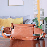 Leather belt bag, 'Handy Traveler' - Brown Leather Fanny Pack with 2 Zippered Compartments