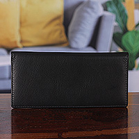 Leather wallet, 'Trendy Black' - 16 Card Slots 2 Acrylic Windows Bifold Black Leather Wallet