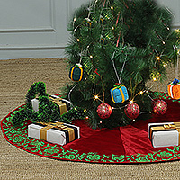 Embroidered Christmas tree skirt, 'Merry Rose' - Faux Velvet Christmas Tree Skirt with Green Rose Embroidery