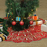 Rayon Christmas tree skirt, 'Bloom of Christmas' - Floral Red Rayon and Golden Brown Zari Christmas Tree Skirt