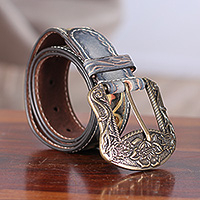 Leather belt, 'Primaveral Belle' - Spring-Themed Grey 100% Leather Belt with Brass Alloy Buckle