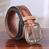 Men's leather belt, 'Gallant Earth' - Classic Beige and Brown Men's Leather Belt Crafted in India