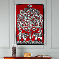 Chain-stitched tapestry, 'Harmony with Nature' - Indian-Made Traditional Crimson Wool Chain-Stitched Tapestry