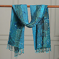 Hand-embroidered wool shawl, 'Primaveral Mirage' - Hand-Embroidered Floral Teal and Turquoise 100% Wool Shawl