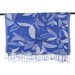Hand-embroidered wool shawl, 'Sighs of Nature' - Leafy-Themed White and Delft Blue Embroidered Wool Shawl