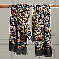 Modal shawl, 'Kashmir at Night' - Folk Art Floral Printed Onyx Black 100% Modal Fringed Shawl