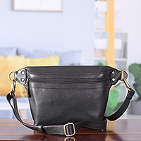 Leather fanny pack, 'Stylish Pal' - Adjustable 100% Leather Zippered Fanny Pack in a Black Hue