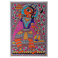 Madhubani painting, 'Divine Hanuman' - Folk Art Madhubani Painting of Hindu God Hanuman from India