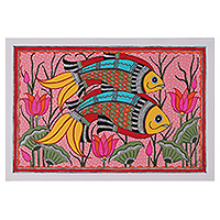 Madhubani painting, 'Aquatic Reverie' - Colorful Fish-Themed Folk Art Madhubani Painting from India