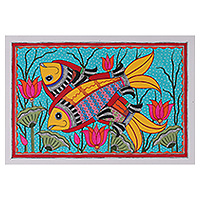 Madhubani painting, 'Blooming Waters' - Folk Art Madhubani Painting with Swimming Fish Motif