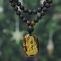 Tiger's eye beaded necklace, 'Shiva Silhouette' - Shiva-Themed Tiger's Eye and Lava Stone Beaded Necklace