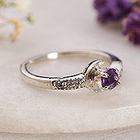 Amethyst solitaire ring, 'Immortal Wisdom' - High-Polished Amethyst and Cubic Zirconia Solitaire Ring