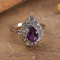 Amethyst cocktail ring, 'Dazzling Wisdom' - One-Carat Pear Amethyst and Sterling Silver Cocktail Ring