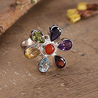 Multi-gemstone cocktail ring, 'Spiritual Petals' - Chakra-Inspired Floral 4-Carat Multi-Gemstone Cocktail Ring