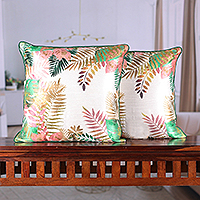 Embroidered cushion covers, 'Leafy Whispers' (pair) - Golden Zari Embroidered Cushion Cover Pair with Leafy Print