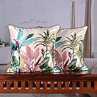 Embroidered cushion covers, 'Tropical Lux' (pair) - Nature-Themed Embroidered Cushion Cover Pair Made in India