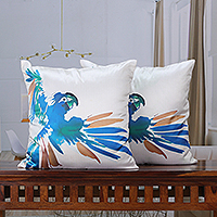 Print cushion covers, 'Macaw Magic' (pair) - Tropical Cyan Blue and White Macaw Print Cushion Cover Pair