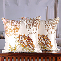 Rayon embroidered cushion covers, 'Spring Opera' (pair) - Golden-Toned Rayon Embroidered Floral Cushion Cover Pair