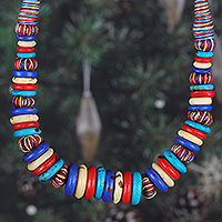 Hand-painted beaded necklace, 'Bohemian Wish' - Fair Trade Hand-Painted Beaded Necklace in Blue and Red Hues