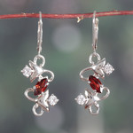 Garnet dangle earrings, 'Blooming Liaison' - Faceted Garnet and Cubic Zirconia Floral Dangle Earrings
