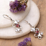 Garnet dangle earrings, 'Blooming Liaison' - Faceted Garnet and Cubic Zirconia Floral Dangle Earrings