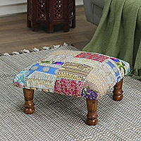 Embellished ottoman, 'Dreams from Paradise' - Indian Classic Patchwork Ottoman Footstool in Bright Hues