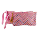 Embroidered cotton wristlet bags, 'Pink Trends' (set of 2) - Chevron-Patterned 2-Piece Pink Embroidered Wristlet Bag Set