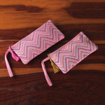 Embroidered cotton wristlet bags, 'Pink Trends' (set of 2) - Chevron-Patterned 2-Piece Pink Embroidered Wristlet Bag Set