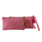 Embroidered cotton wristlet bags, 'Pink Trends' (set of 2) - Chevron-Patterned 2-Piece Pink Embroidered Wristlet Bag Set