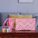 Embroidered cotton wristlet bags, 'Pink Trends' (set of 2) - Chevron-Patterned 2-Piece Pink Embroidered Wristlet Bag Set