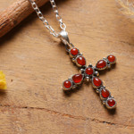 Carnelian pendant necklace, 'Fiery Cross' - Sterling Silver and Carnelian Stone Cross Pendant Necklace