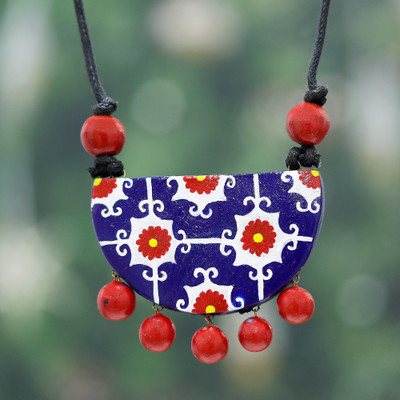 Ceramic pendant necklace, 'Moroccan Rhapsody' - Moroccan-Inspired Blue and Red Ceramic Pendant Necklace