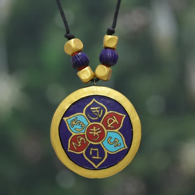 Ceramic pendant necklace, 'Ashtamangala' - Hand-Painted Ceramic Lotus Ashtamangala Pendant Necklace