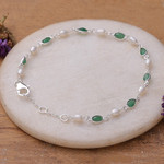 Aventurine and cultured pearl link bracelet, 'Prosperous Waves' - Faceted Aventurine and Cream Cultured Pearl Link Bracelet