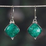 Agate dangle earrings, 'Thriving Kiss' - Polished Dangle Earrings with 33-Carat Faceted Green Agate