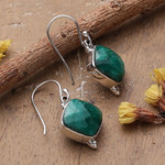 Agate dangle earrings, 'Thriving Kiss' - Polished Dangle Earrings with 33-Carat Faceted Green Agate