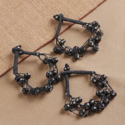 Handmade beaded bracelets, 'Boho Midnight' (set of 3) - Handcrafted 3-Piece Black Beaded Bracelet Set Made in India