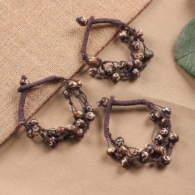 Handmade beaded bracelets, 'Boho Om' (set of 3) - Om-Themed 3-Piece Brown Beaded Bracelet Set Made in India