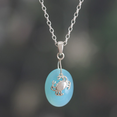 Chalcedony pendant necklace, 'Harmonious Tides' - Crab-Themed Chalcedony and Sterling Silver Pendant Necklace