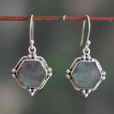 Labradorite dangle earrings, 'Sixth Intuition' - Hexagon-Shaped 6-Carat Natural Labradorite Dangle Earrings