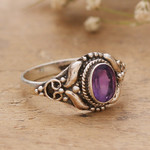 Amethyst cocktail ring, 'Sagacious Traditions' - Polished and Oxidized One-Carat Oval Amethyst Cocktail Ring