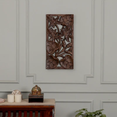 Wood relief panel, 'Immortal Blossoms' - Nature-Themed Mango Wood Relief Panel Hand-Carved in India