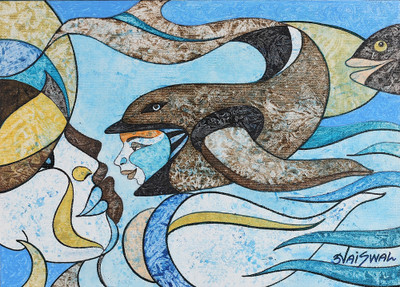 'Celestial Matsya' - Blue-Toned Acrylic on Canvas Painting of Matsya from India