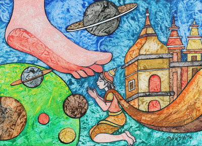 'Sacred Step' - Traditional Acrylic on Canvas Painting of Vamana Avatar