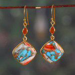Gold-plated reconstituted turquoise and carnelian dangle earrings, 'Sunset Chic' - Gold-Plated Reconstituted Turquoise and Carnelian Earrings