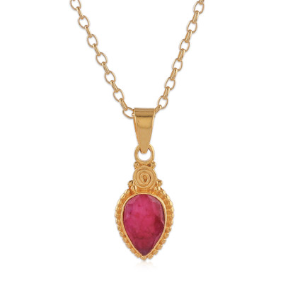 Gold-plated ruby pendant necklace, 'Shiny Pink Rain' - Gold-Plated Pendant Necklace with 3-Carat Drop-Shaped Ruby