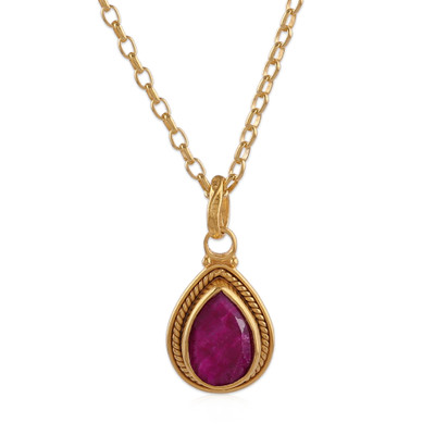 Gold-plated ruby pendant necklace, 'Halo Effect in Crimson' - 22k Gold-Plated Pendant Necklace with 3-Carat Ruby Gemstone